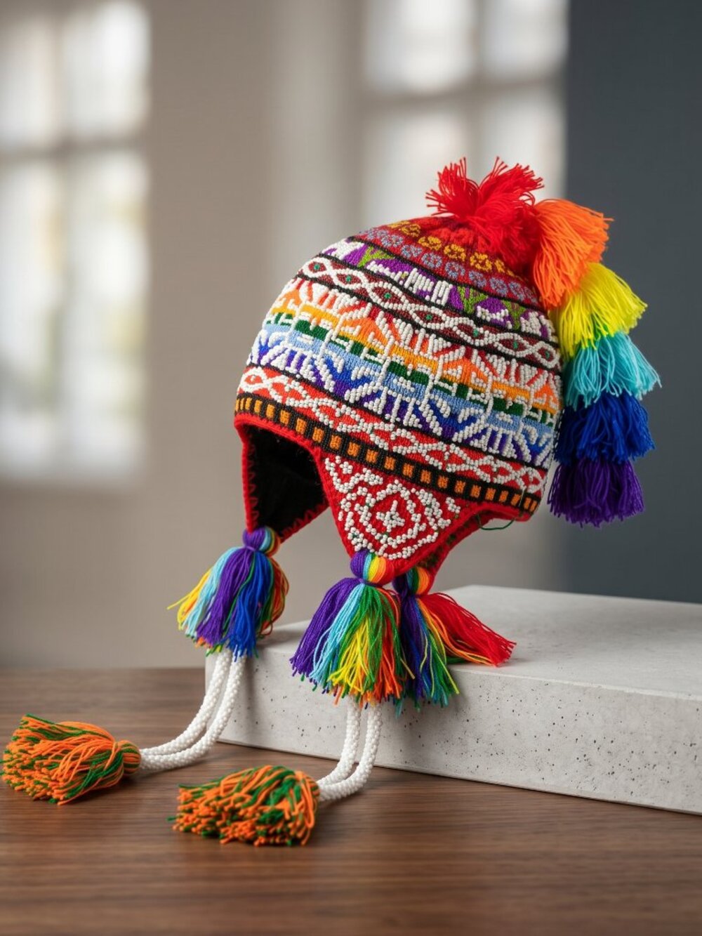 Traditional Knitted Wool Chullo Beanie with Beads – Warm Winter Hat